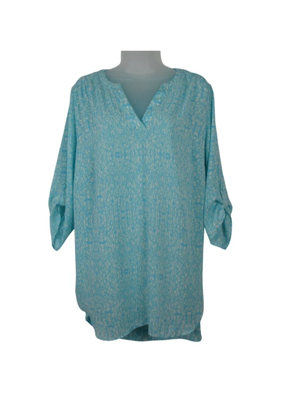 Worthington Womens Blue & White Printed Tunic Top V-Neck 3/4 Roll-Tab Sleeves 1X